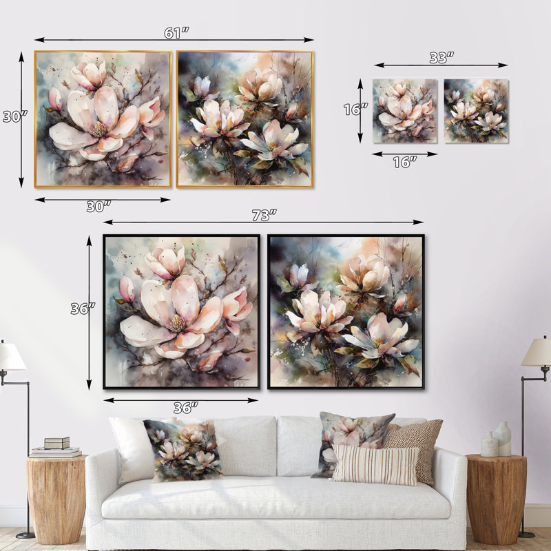 Magnolia rose - ensemble de 2 collages carrés magnolia floral, Cadre flottant doré, H 30 po x l 61 po