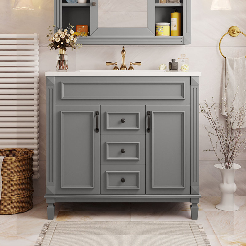 Meuble-lavabo 36 po avec lavabo supérieur, armoire de rangement moderne avec 2 portes à fermeture douce et 2 tiroirs, meuble-lavabo simple