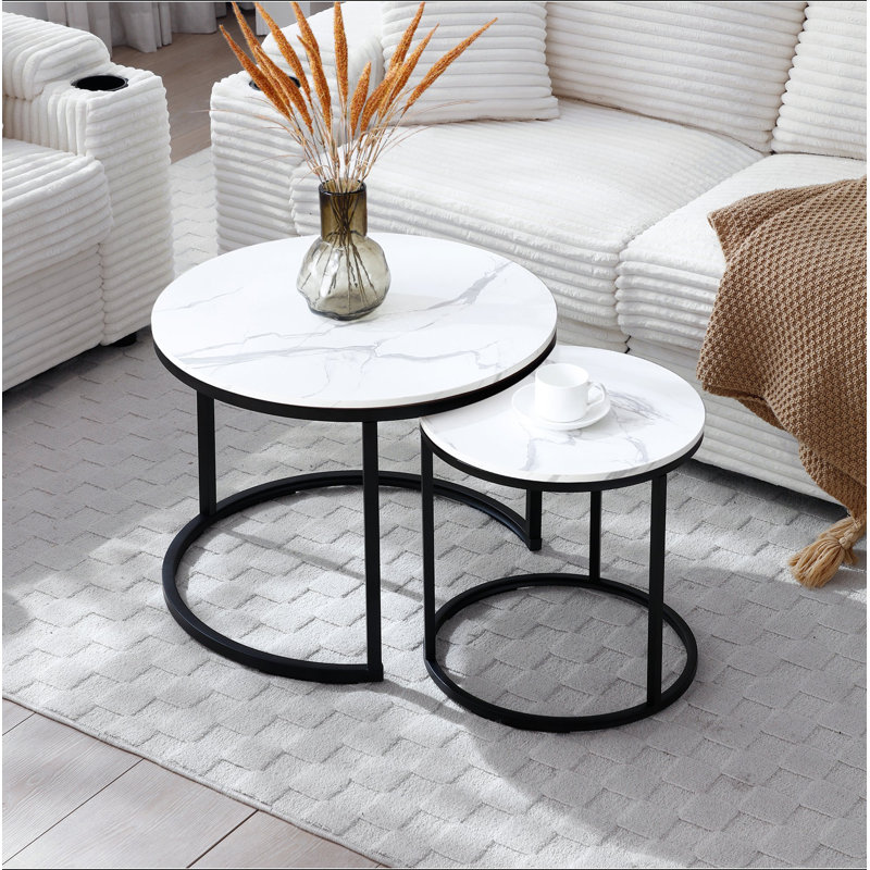 Ensemble 2 tables basses gigognes et tables rondes en bois à motif circulaire et marbre, salon, chambre à coucher, appartement, table de chevet simple industrielle moderne