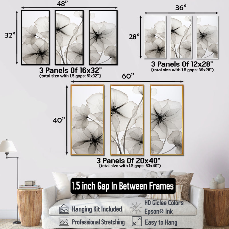 «Black and White Morning Glory Speed» - ensemble d'art mural sur toile Morning Glory, Cadre flottant noir