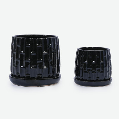 Handmade Ceramic Flower Pot with Groove Pattern, 6 & 8 Inch Diameter, Black Color for Orchids, Indoor/Outdoor Use on Windowsill & Bookshelf, Breathable Clay with Saucer