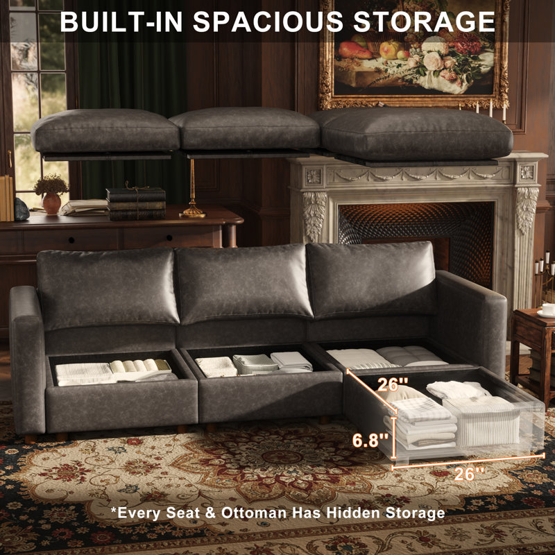 99" Leather Upholstered Sectional Sofa with Hidden Storage, GRAY, 3Seaters