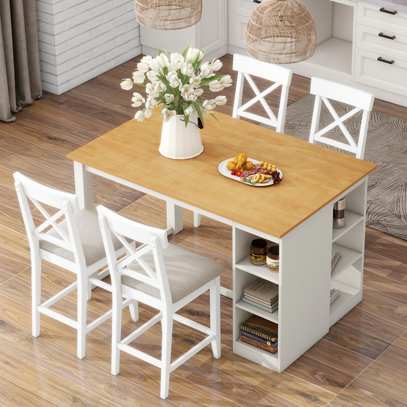 Solid Wood Farmhouse Counter Height Dining Table Set With 3-Tier Storage Shelves, Upholstered Dining Chairs For 4, 5-Piece