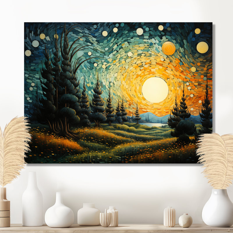 «Moonlight Swaying Cypress Pointillism II - Vangogh», reproduction d'art métallique traditionnelle, H 24 po x l 32 po