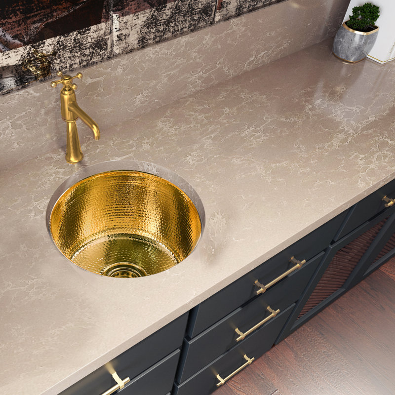 Brightwork 15-Inch Hand Hammered Round Stainless Steel Bar Sink, Polished Brass