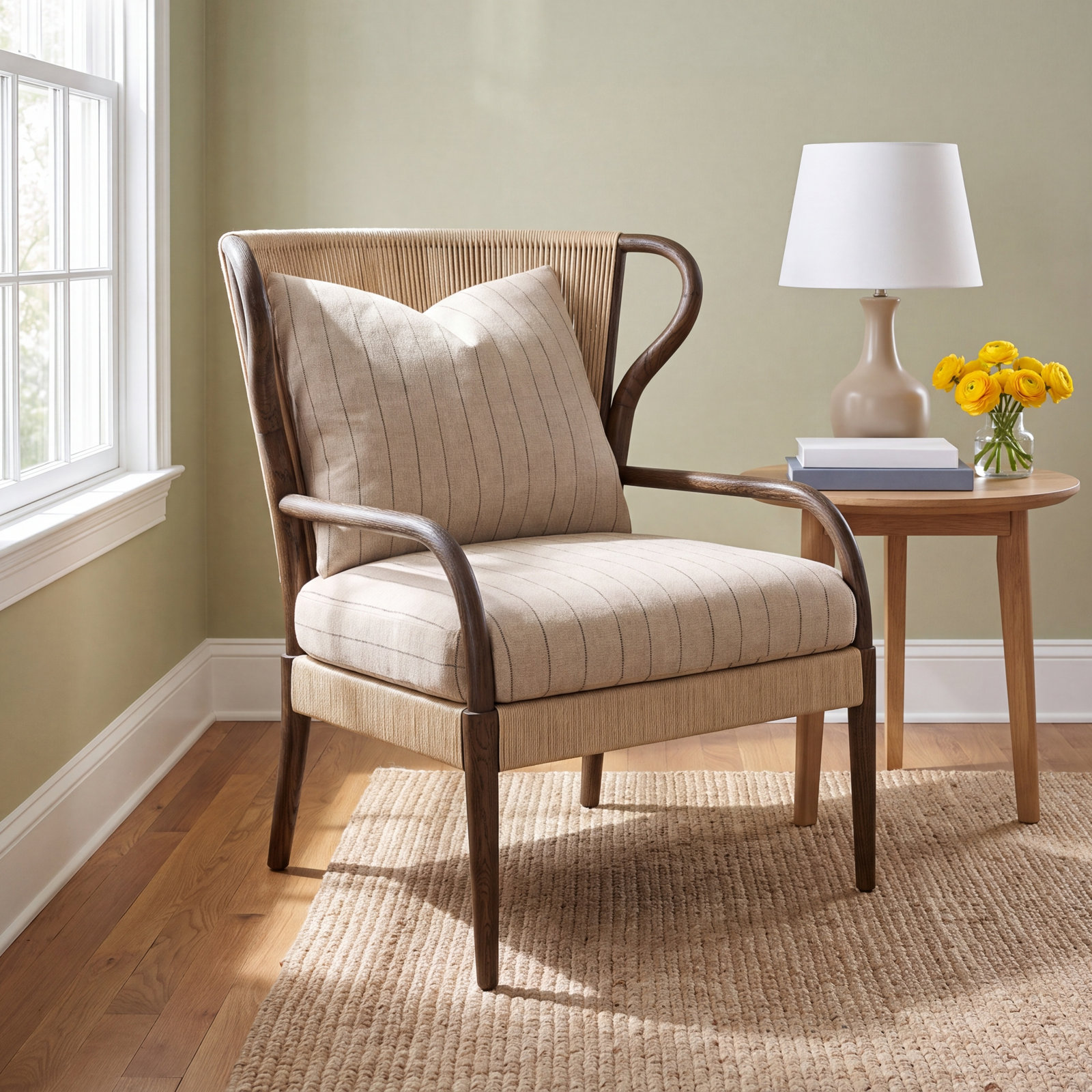 Amira Linen Upholstered Wingback Chair, Cream Striped
