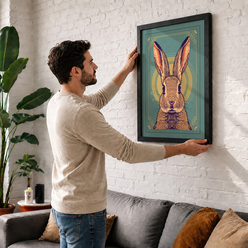Gilt Rabbit Portrait Art Deco - Framed Print, Black, A3 - 42.0 x 29.7 cm
