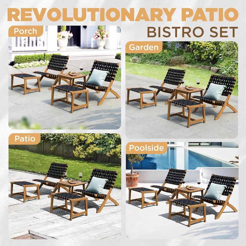 5-Piece Solid Wood Outdoor Bistro Set with Ottoman, Foldable Reclining Design