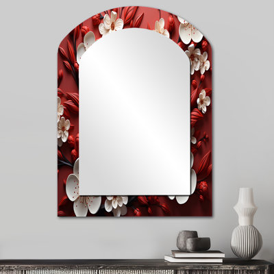Orchidées blanches et rouges II - grand miroir mural arqué sur métal