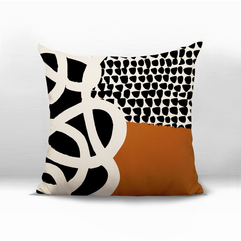 Oreiller carré réversible intérieur / extérieur Deo, H 15 po x l 15 po, Orange brûlé / noir / blanc cassé abstrait