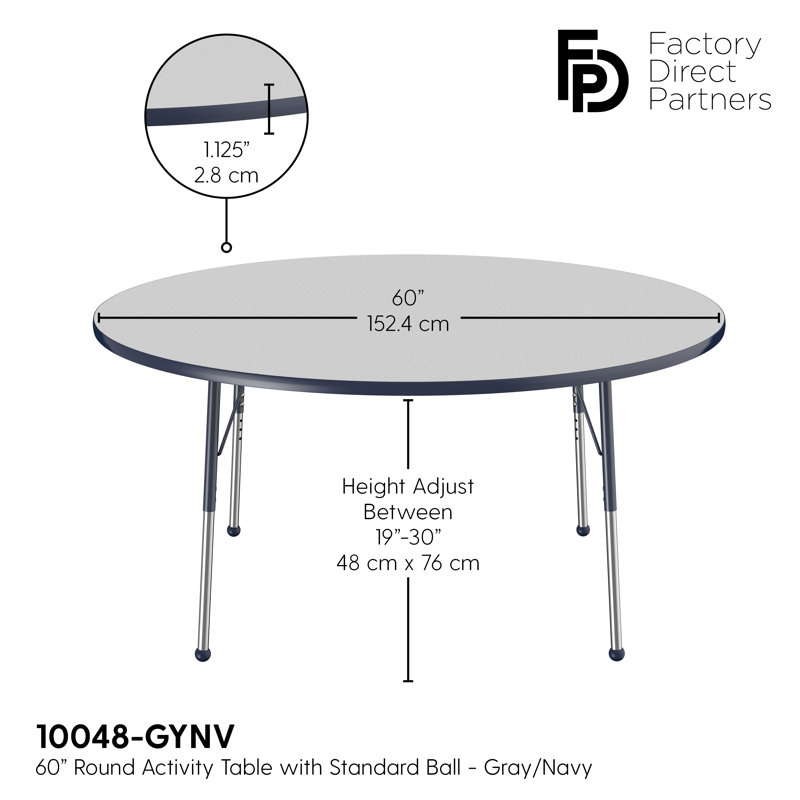 Table ronde à hauteur réglable, H 24 po x L 60 po x l 60 po, Gris / bleu marine, Standard Ball Glide