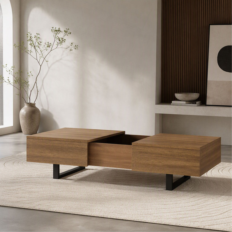 Table basse à plateau coulissant avec rangement caché, plateau de table en bois extensible, table basse moderne Mid-Century avec compartiment de rangement pour le salon
