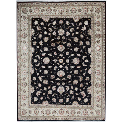 Tapis noir et ivoire de haute qualité noué à la main