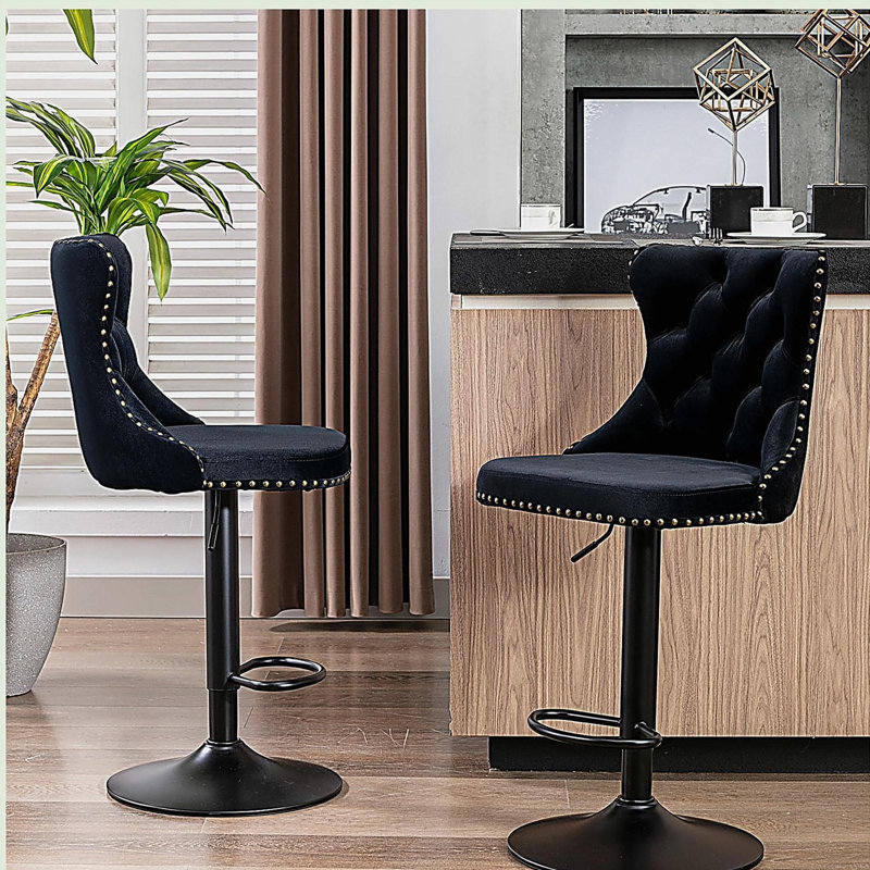 Tabourets pivotants en velours à hauteur de siège réglable, tabourets de bar rembourrés modernes avec dossier capitonné confortable, ensemble de 2