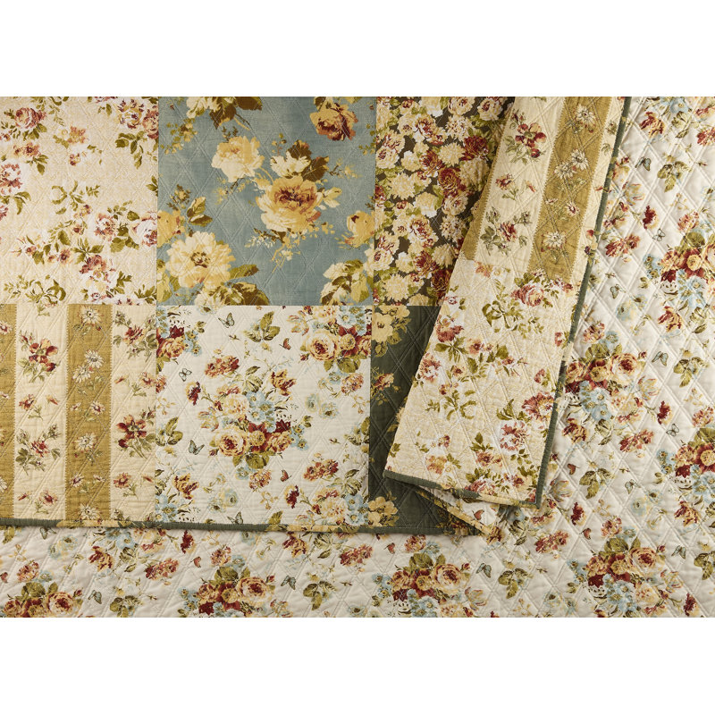 King Blue Cotton Reversible Floral Patchwork Quilt Set