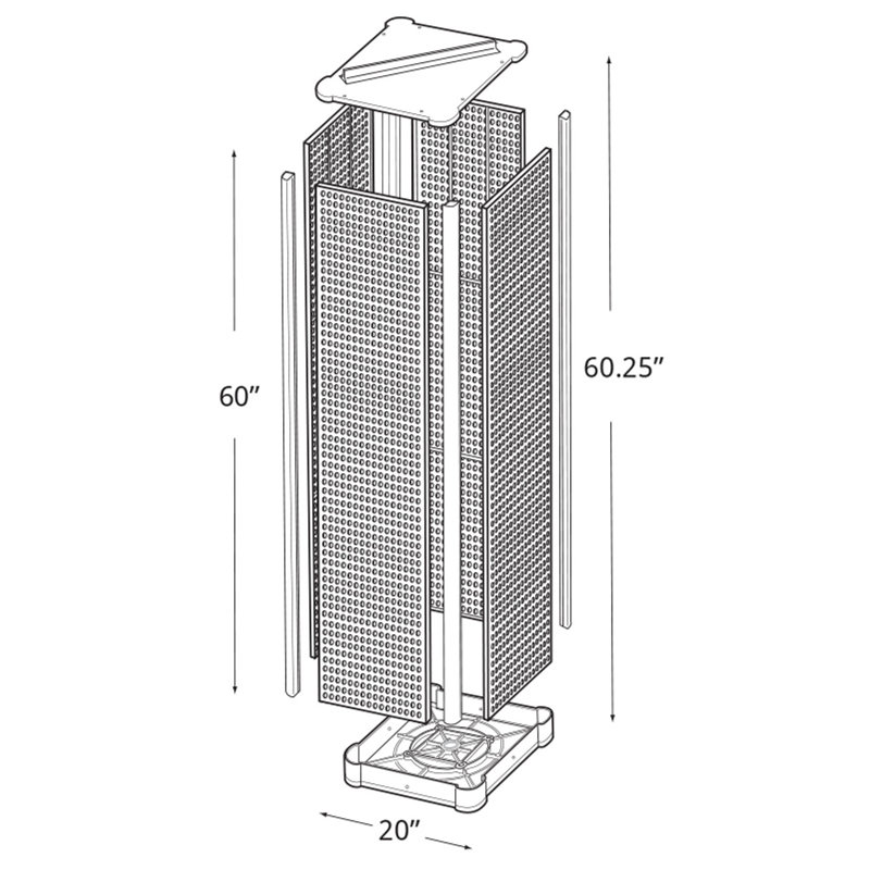 Présentoir de plancher à quatre côtés en panneau perforé sur base pivotante. Support à roulettes. Taille du panneau: l 16 po x H 60 po