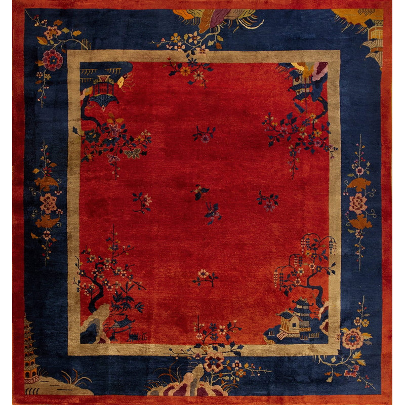 Antique Wool Blue Red / Rust Hand Knotted Pile Rug