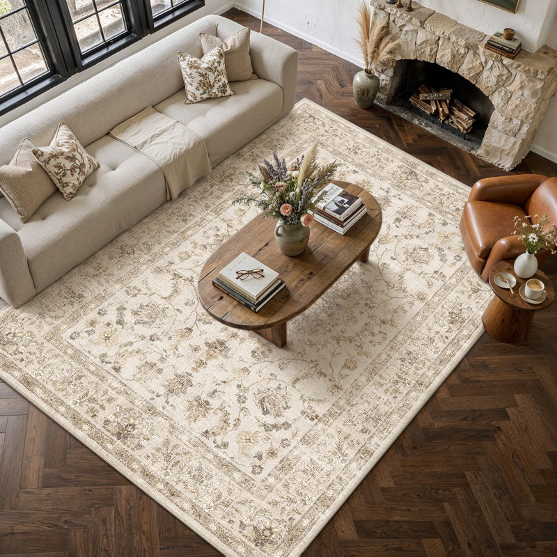 Tapis lavable floral Hayes, Beige, Rectangle 9 pi x 12 pi
