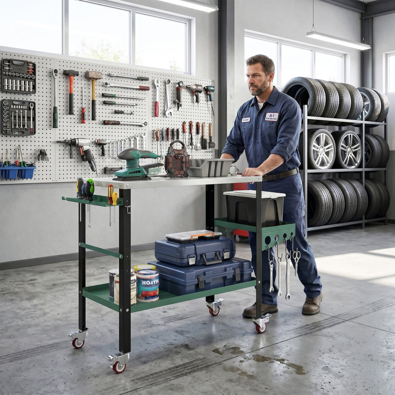 Chariot à outils 2Tier avec plateau latéral, argent et vert