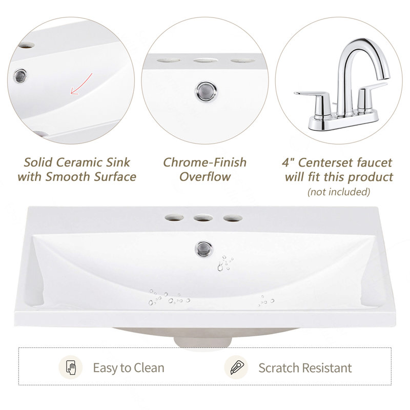 Plateau de meuble-lavabo 24 po seulement, lavabo blanc, 3 trous de robinet, robinet de 4 po disponible, céramique