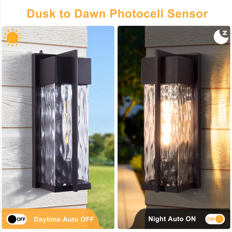 18''H Oil Rubbed Bronze Iron And Water Ripple Glass Outdoor Wall Light With Dusk To Dawn And 𝗕𝘂𝗹𝗯 𝗜𝗻𝗰𝗹𝘂𝗱𝗲𝗱