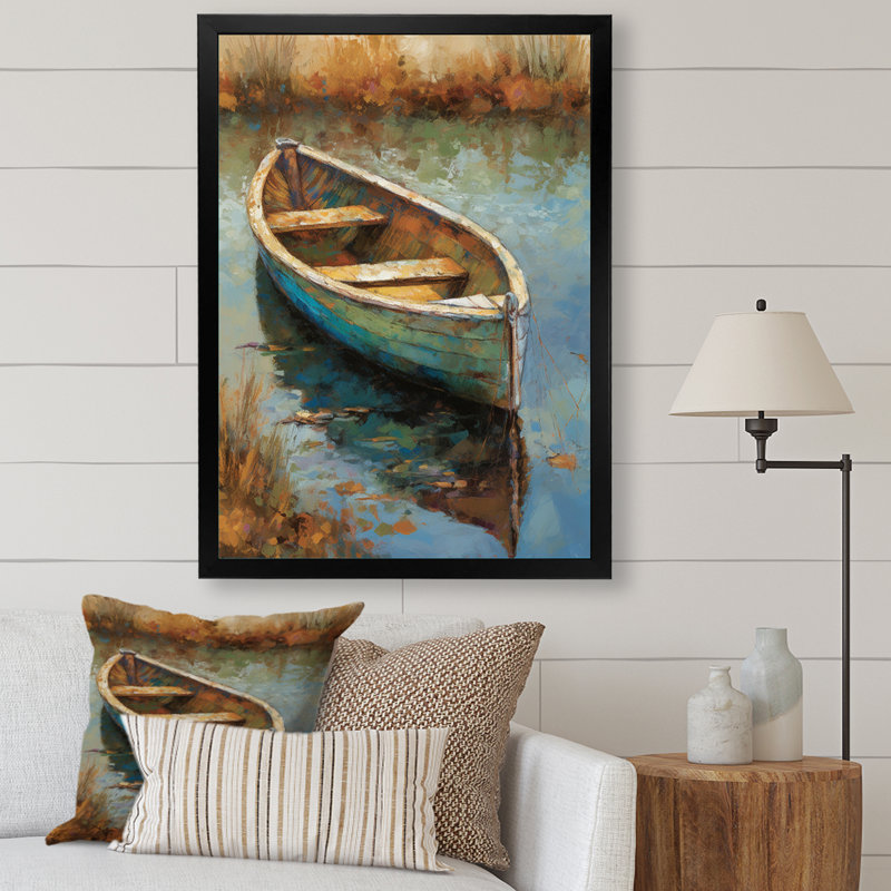 «Lake Serenity Dinghy Boat Resting On The Water I», art mural Lakehouse, Cadre simple noir, H 32 po x l 16 po x P 1 po