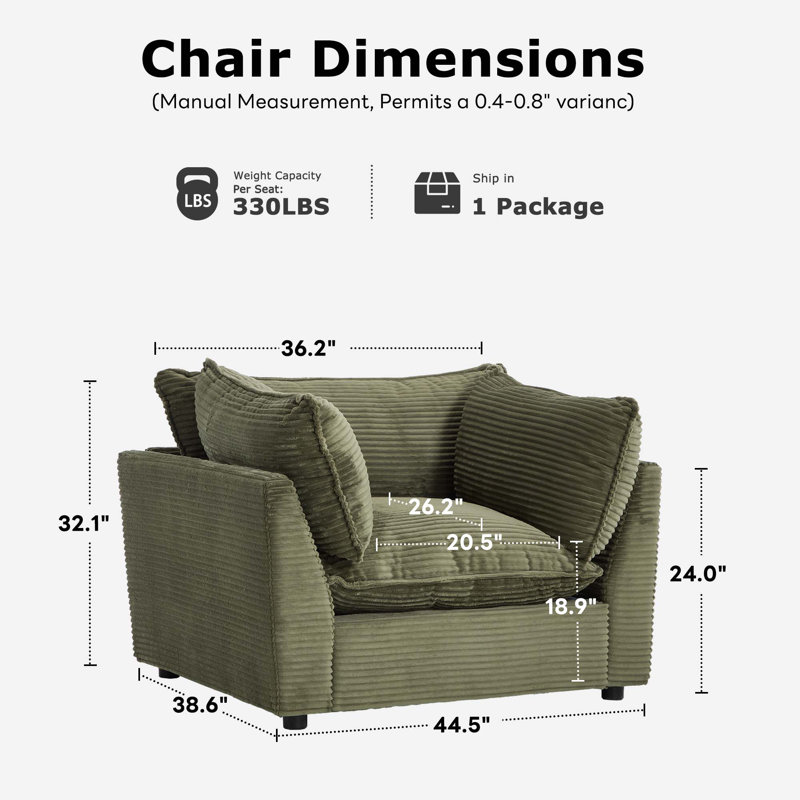 Fauteuil d'appoint rembourré de 44,49 po Heffernan, Velours côtelé vert