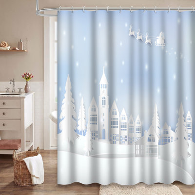 Winter Holiday Santa Snow Christmas Town Art Shower Curtain with 12 Hooks