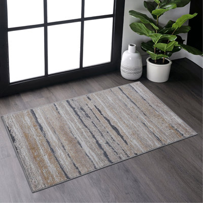 Tapis 2 x 3 ivoire / bleu / rayé non délesté salon chambre à manger bureau à domicile élégant et résistant aux taches