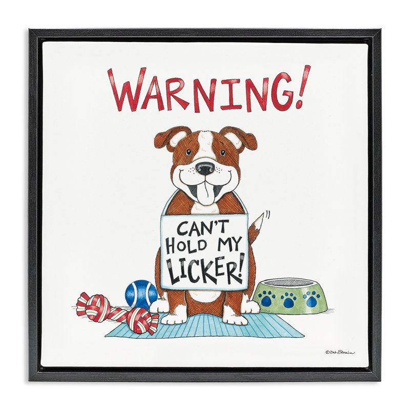 Drôle de canard «Licker Dog Floater» par Deb Strain, H 18 po x l 18 po, Cadre flottant noir