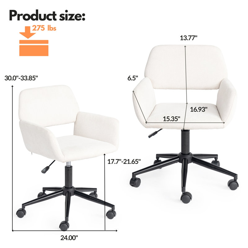 Chaise de bureau Reneka, chaises de bureau rembourrées en tissu avec roulettes à dossier moyen, chaise de travail réglable pour salon, chambre à coucher, petits espaces - beige