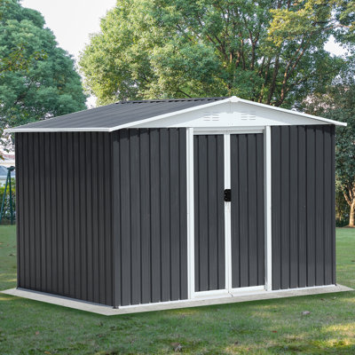 8X6 Feet Outdoor Metal Storage Shed, Galvanized Steel Frame, Roomy For Firewood And Tools Storage, Effective Rust Prevention 8Ft X 6Ft Grey Garden All - Climate Compatible, Lockable Doors Added