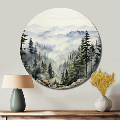 Pin, montagne brumeuse I - Art floral rond en métal