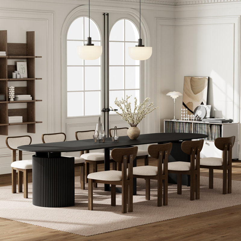 Ensemble de table de salle à manger extensible Modern Farmhouse, Black, 9 Pieces: Table, 8 Chairs, Beige