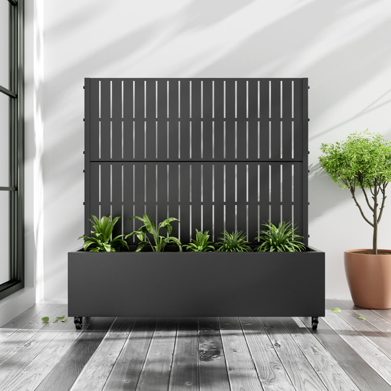 Metal Planter Box with Trellis with Wheels, 47" H x 47" W x 16" D, Black, 1