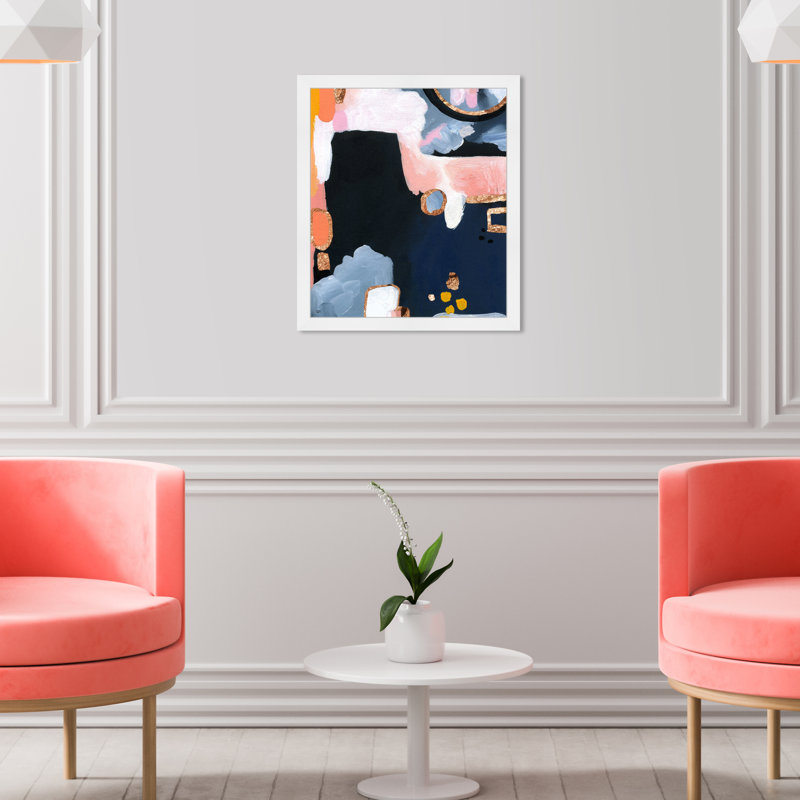 «Blue Orange Abstract Paint Strokes» par Oliver Gal - reproduction, H 22 po x l 22 po, Cadre blanc