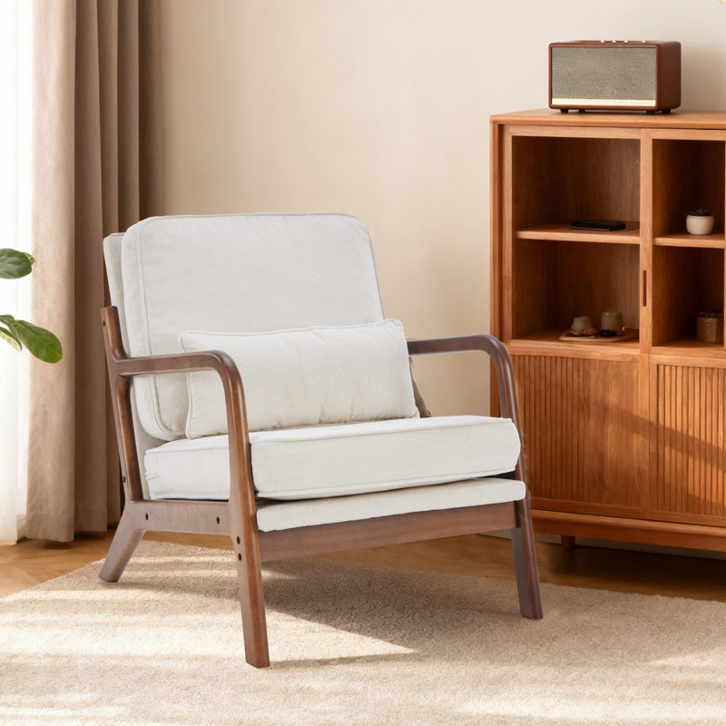 Upholstered Linen Blend Accent Chair with Wooden Legs and Lumbar Pillow, Beige