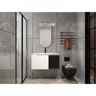 Meuble-lavabo mural 36 po avec lavabo en céramique, 2 portes à fermeture en douceur, meuble-lavabo blanc brillant et 1/2 porte en verre gris, contreplaqué