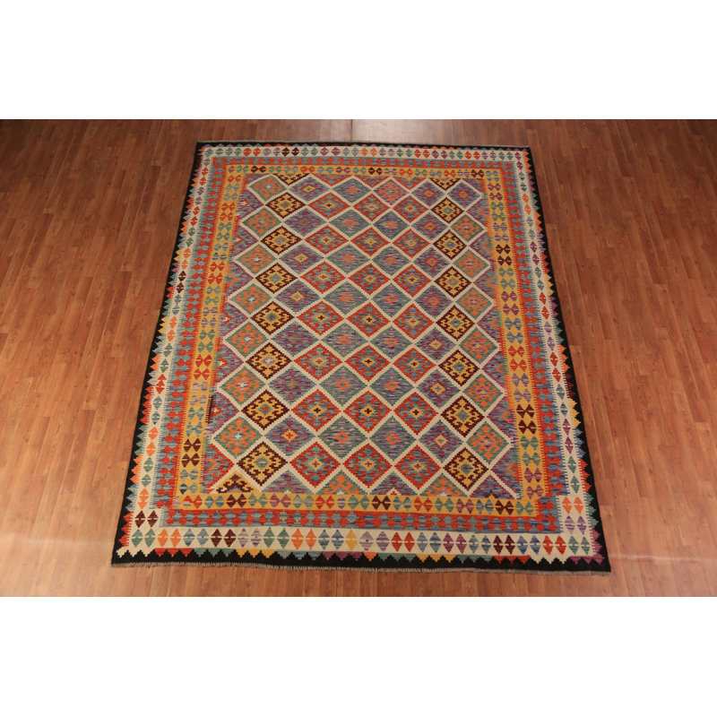 Tapis oriental coloré en laine à motif treillis kilim 8 x 10