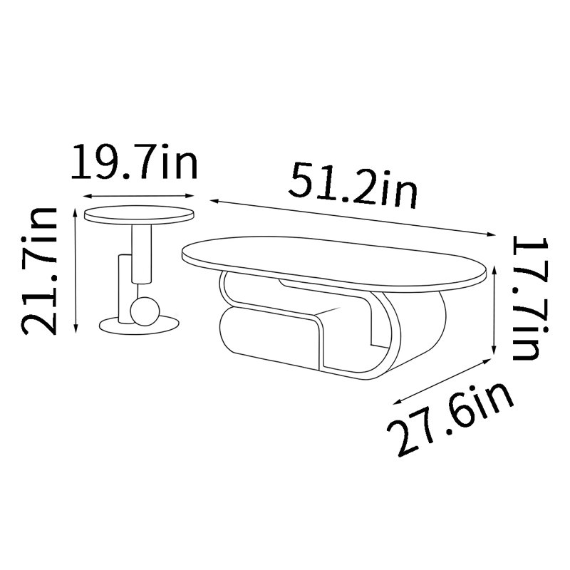 Ensemble de tables basses ovales Light Luxury, H 17,7 po x L 51,2 po x l 27,6 po, Plateau noir / structure noire