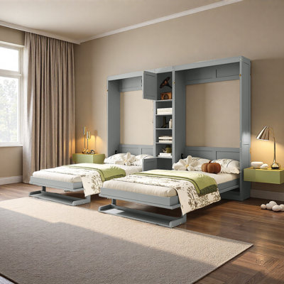 Dual Twin Size Wall Murphy Beds With Cabinets And Shelves