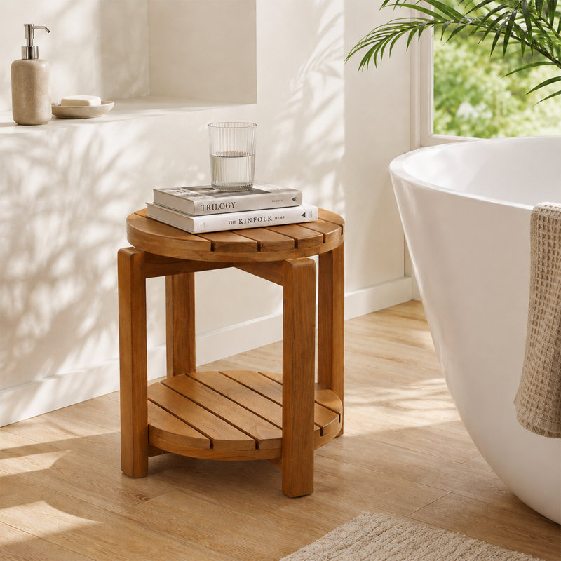 Tabouret de douche rond à 2 niveaux avec tablette de rangement, banc de douche en bois de teck d'Indonesie entièrement assemblé pour salle de bain / extérieur
