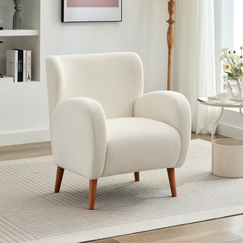 Fauteuil d'appoint moderne à oreilles - Revêtement beige, pieds solides, structure, installation facile, conception de conversation de patio, tissu bouclé, structure en bois