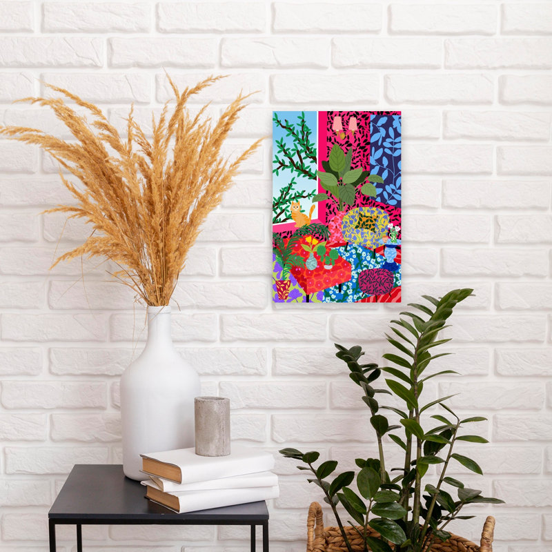 Chat, fleur, salon, art mural contemporain, H 18 po x l 12 po