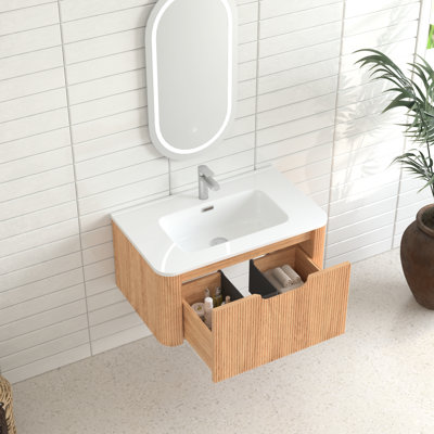 Meuble-lavabo flottant en bois massif de 30 po avec vasque en céramique blanche, couleur noyer, conception à bord arrondi, tiroir préassemblé à fermeture en douceur, solution d'espace