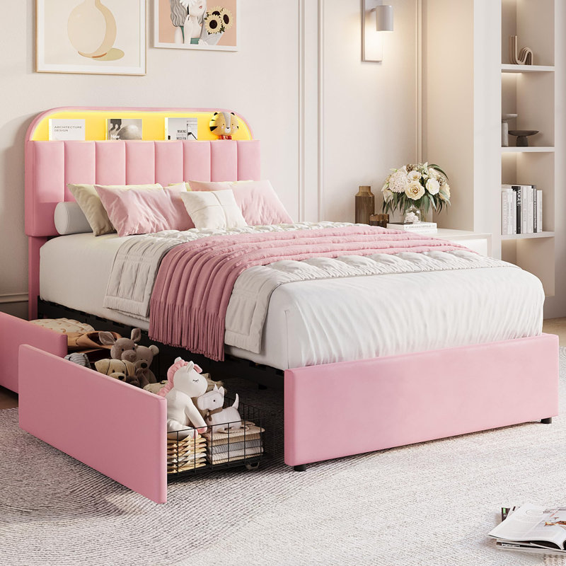 Structure de lit simple tapissier simple en velours avec tête de lit réglable, 2 tiroirs réversibles sous le lit, lumières à DEL RVB contrôlées par l'application, support à lattes de bois, aucun sommier requis, rose