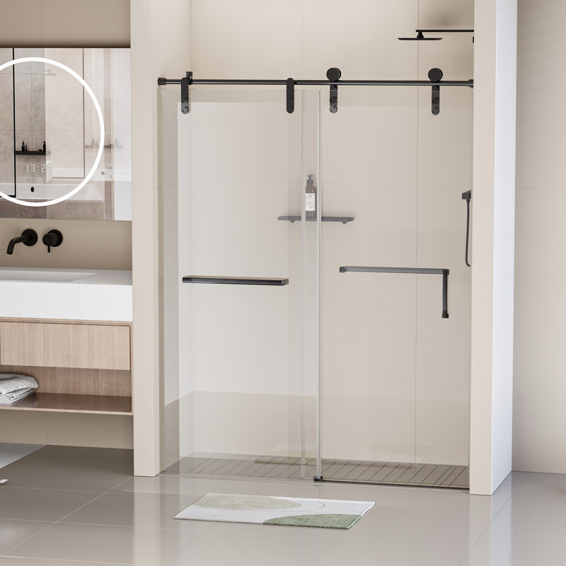 Porte de douche coulissante simple moderne, 56-60 "x 76", verre trempé de 8 mm, noir mat, acier inoxydable, porte protégée pour utilisation, finition noire 5/16 po, appliquée