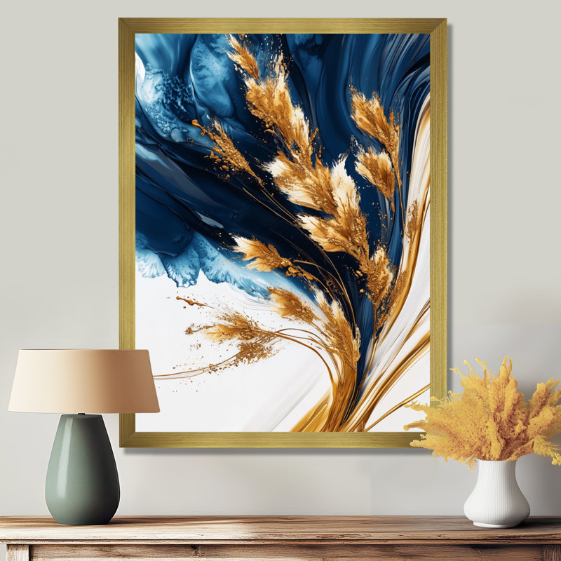 Pétunias dorés fleurs sur une rivière turquoise de marbre IV - art mural floral, H 44 po x l 34 po, Avec cadre, Doré