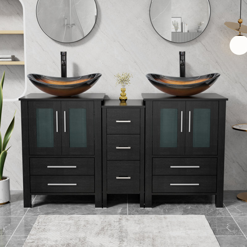Sharee 60" Double Sink Bathroom Vanity With Vessel Sink, Manufactured Wood Top, Faucet And Drain, Brown, Black