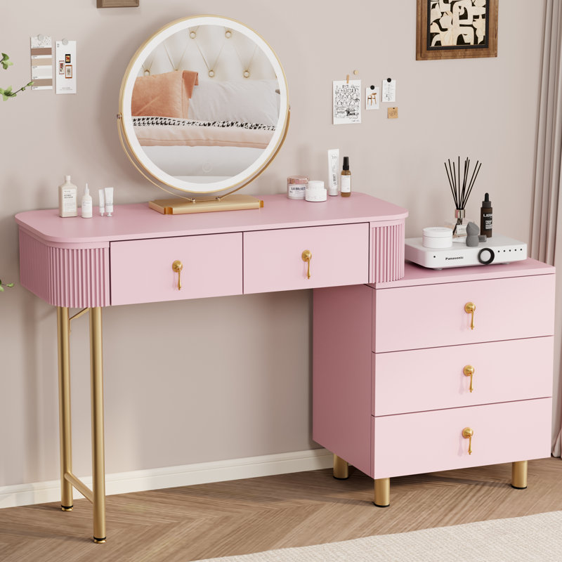 Makeup Vanity Desk with Mirror and Lights, Pink